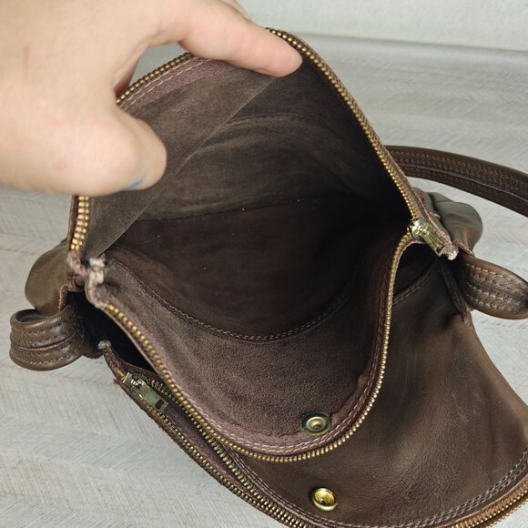 Vintage 60s Brown Genuine Leather Shoulder Bag Asymmetrical Boho Hippie - Picture 6 of 11